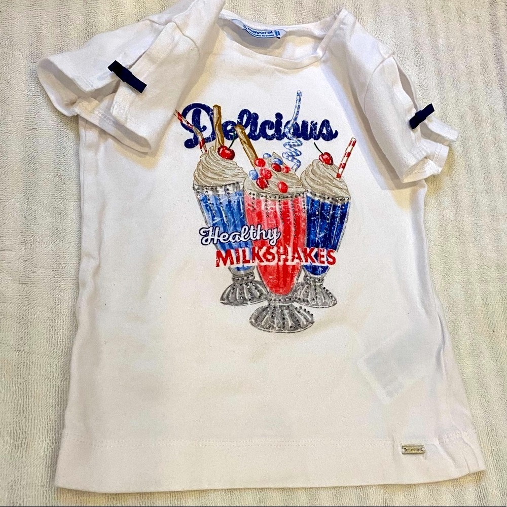 Mayoral Spain Super Soft & Sparkly Milkshake Short Sleeve Tee w Split & Bow Arms